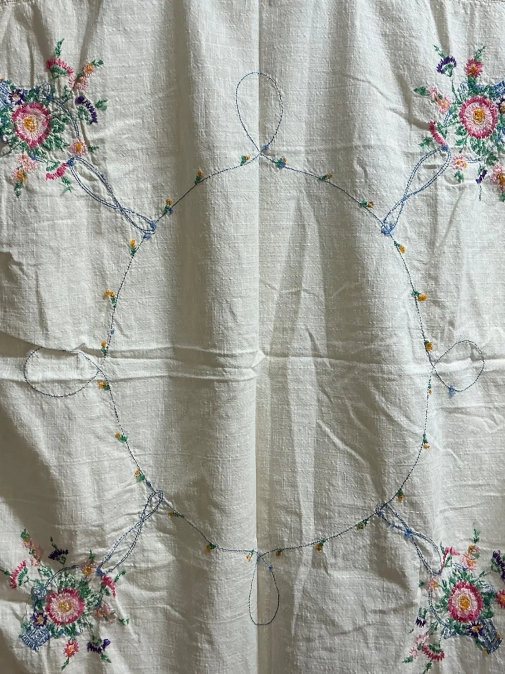 Vintage Hand Embroidered Table Cloth Crochet Edge